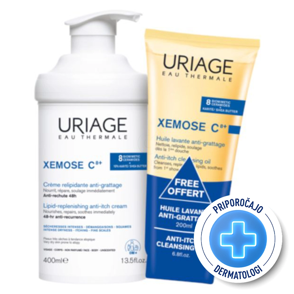 Uriage Xemose C8+, paket - emolientna krema in olje za umivanje (400 ml + 200 ml)